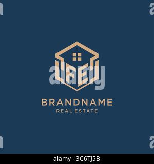 Initial FE hexagonal house roof shape icon logo design vector graphic Stock Vector