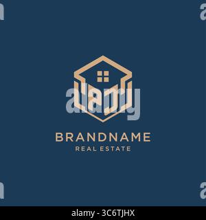 Initial PJ hexagonal house roof shape icon logo design vector graphic Stock Vector