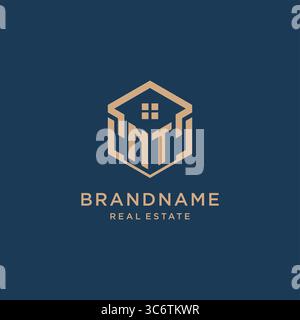 Initial NT hexagonal house roof shape icon logo design vector graphic Stock Vector