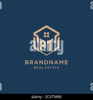 Initial PT hexagonal house roof shape icon logo design vector graphic Stock Vector