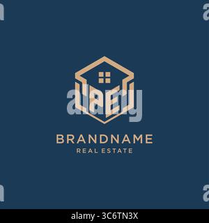 Initial PE hexagonal house roof shape icon logo design vector graphic Stock Vector