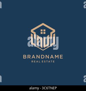 Initial NU hexagonal house roof shape icon logo design vector graphic Stock Vector