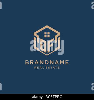 Initial OF hexagonal house roof shape icon logo design vector graphic Stock Vector