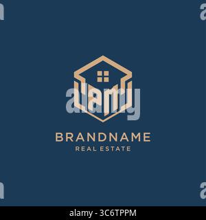 Initial PM hexagonal house roof shape icon logo design vector graphic Stock Vector