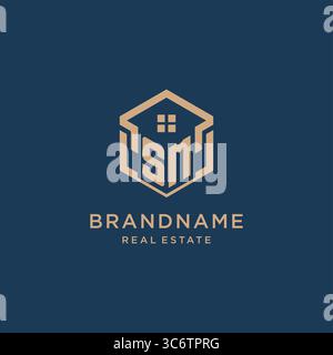 Initial SM hexagonal house roof shape icon logo design vector graphic Stock Vector