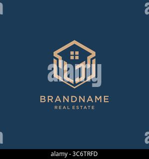 Initial LJ hexagonal house roof shape icon logo design vector graphic Stock Vector