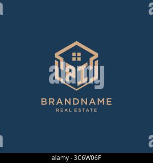 Initial PI hexagonal house roof shape icon logo design vector graphic Stock Vector