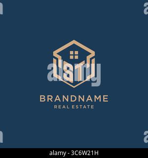 Initial ST hexagonal house roof shape icon logo design vector graphic Stock Vector