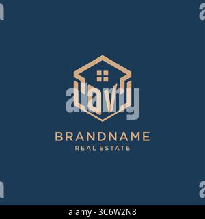 Initial OV hexagonal house roof shape icon logo design vector graphic Stock Vector