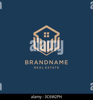Initial UW hexagonal house roof shape icon logo design vector graphic Stock Vector