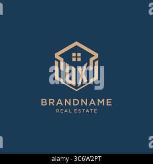 Initial UX hexagonal house roof shape icon logo design vector graphic Stock Vector