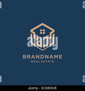 Initial UJ hexagonal house roof shape icon logo design vector graphic Stock Vector