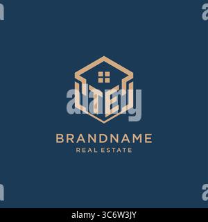 Initial TE hexagonal house roof shape icon logo design vector graphic Stock Vector