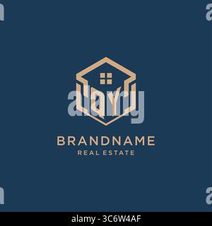 Initial QY hexagonal house roof shape icon logo design vector graphic Stock Vector