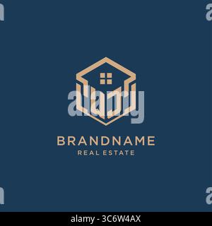 Initial WJ hexagonal house roof shape icon logo design vector graphic Stock Vector