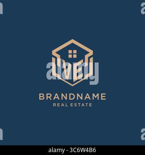 Initial VE hexagonal house roof shape icon logo design vector graphic Stock Vector