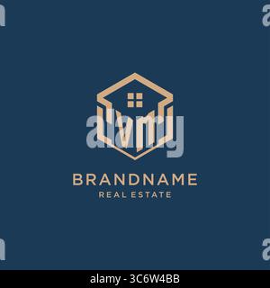 Initial VM hexagonal house roof shape icon logo design vector graphic Stock Vector