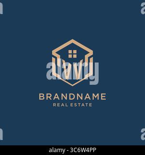 Initial VV hexagonal house roof shape icon logo design vector graphic Stock Vector