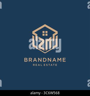 Initial ZM hexagonal house roof shape icon logo design vector graphic Stock Vector