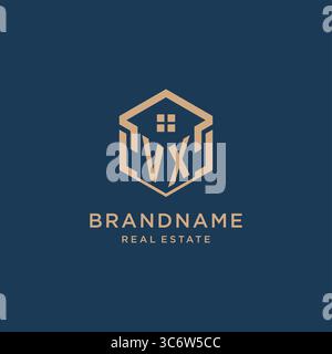 Initial VX hexagonal house roof shape icon logo design vector graphic Stock Vector