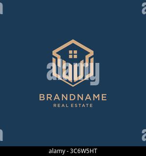 Initial WU hexagonal house roof shape icon logo design vector graphic Stock Vector