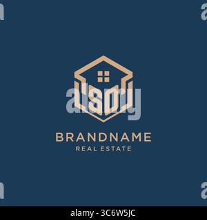 Initial SO hexagonal house roof shape icon logo design vector graphic Stock Vector