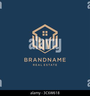 Initial WV hexagonal house roof shape icon logo design vector graphic Stock Vector