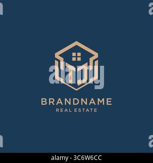 Initial TJ hexagonal house roof shape icon logo design vector graphic Stock Vector