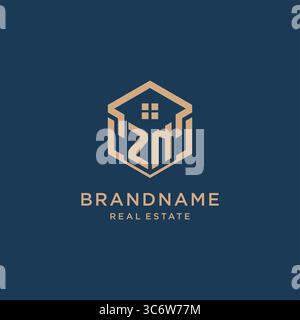 Initial ZN hexagonal house roof shape icon logo design vector graphic Stock Vector