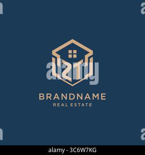 Initial ZT hexagonal house roof shape icon logo design vector graphic Stock Vector