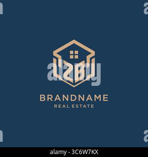 Initial ZB hexagonal house roof shape icon logo design vector graphic Stock Vector