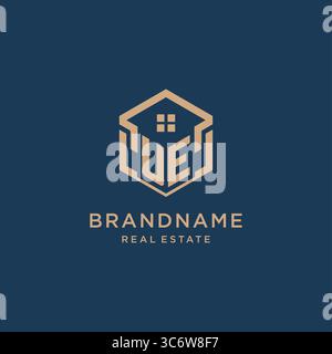 Initial UE hexagonal house roof shape icon logo design vector graphic Stock Vector