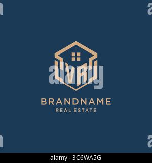 Initial VR hexagonal house roof shape icon logo design vector graphic Stock Vector