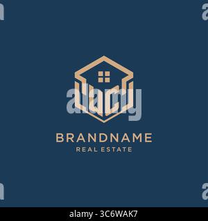 Initial WC hexagonal house roof shape icon logo design vector graphic Stock Vector