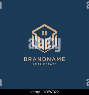 Initial WE hexagonal house roof shape icon logo design vector graphic Stock Vector