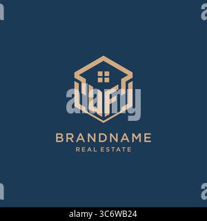 Initial WF hexagonal house roof shape icon logo design vector graphic Stock Vector