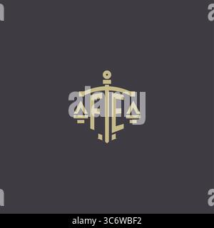 Initial FE logo for law office and attorney with creative scale and sword icon design vector graphic vector graphic Stock Vector