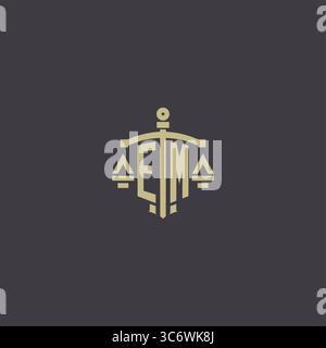 Initial EM logo for law office and attorney with creative scale and sword icon design vector graphic vector graphic Stock Vector