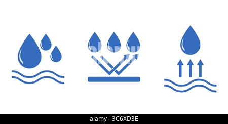 Waterproof icon set with water drop symbols. Anti-corrosion, weather resistant and water protection signs in flat vector style. Perfect for fabric Stock Vector