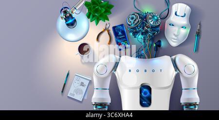 Humanoid robot lies on an engineer assembly table in laboratory. Engineer designs AI brain, programming artificial intelligence or cybernetic brain hu Stock Vector