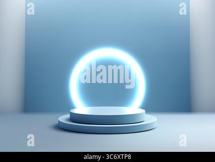3D two tiered podium sits centered in a light blue room, glowing white ring behind it creates a minimal futuristic scene perfect for product display o Stock Vector