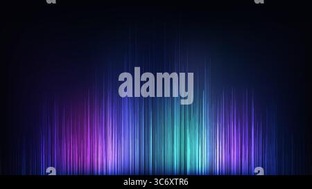 Digital soundwave equalizer with glowing vertical lines in purple blue and teal tones set against a dark backdrop representing modern technology music Stock Vector