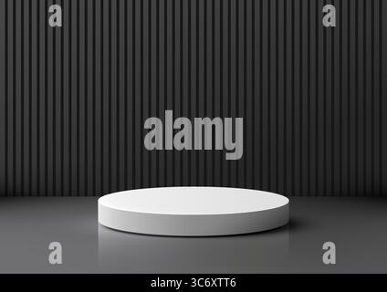 Minimal product display with white podium on reflective gray floor and dark striped wall. Designed for showcasing branding or cosmetics in a clean mod Stock Vector