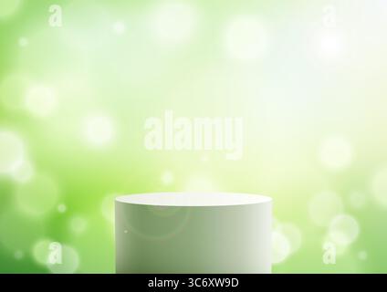 white cylindrical podium sits against a soft green bokeh background with a bright lens flare, creating a fresh natural setting for product display or Stock Vector