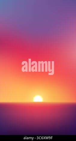 glowing sunset over a calm dark sea as warm orange and red tones melt into a soft purple sky. Captured at twilight for use in beach travel, nature bac Stock Vector
