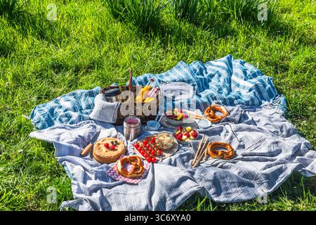 Leisure, finger food and drinks concept - picnic basket, bottle of fruit juice, fruits, fruit salad, bretzels, yogurt, cake, tomatoes Stock Photo