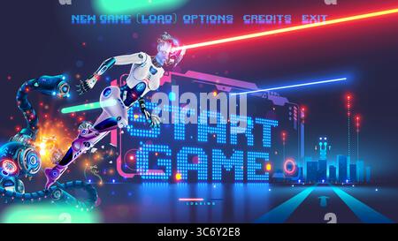 Non existent computer video game screenshot. Start Interface of computer action video game with menu, loading bar, robot super hero winning antagonist Stock Vector
