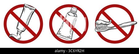 Collection of prohibition signs with toothpaste and toothbrush. It is forbidden to brush your teeth. Set of forbidden badges for stickers and pins. Stock Vector