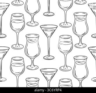 Vector seamless pattern with contour glass cups and wine glasses with drinks. Texture with sketch cups with alcohol and juice on white background. Bac Stock Vector