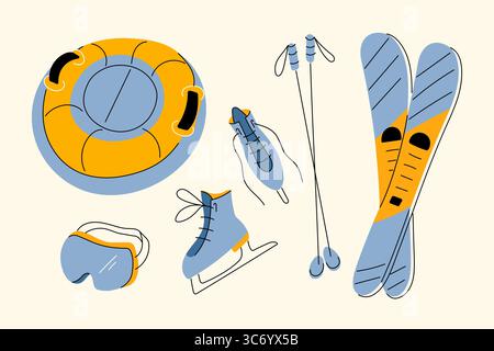Winter family sport activity elements skates skis tube and protective mask in hand drawn flat style Stock Vector